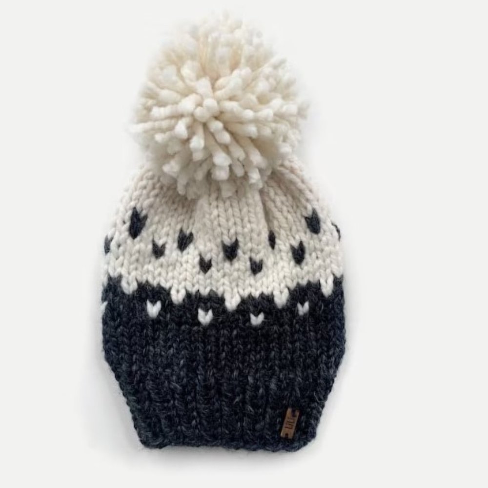 Chunky Fair Isle Slouchy Hat with Pom-Pom - Charcoal Grey/Cream